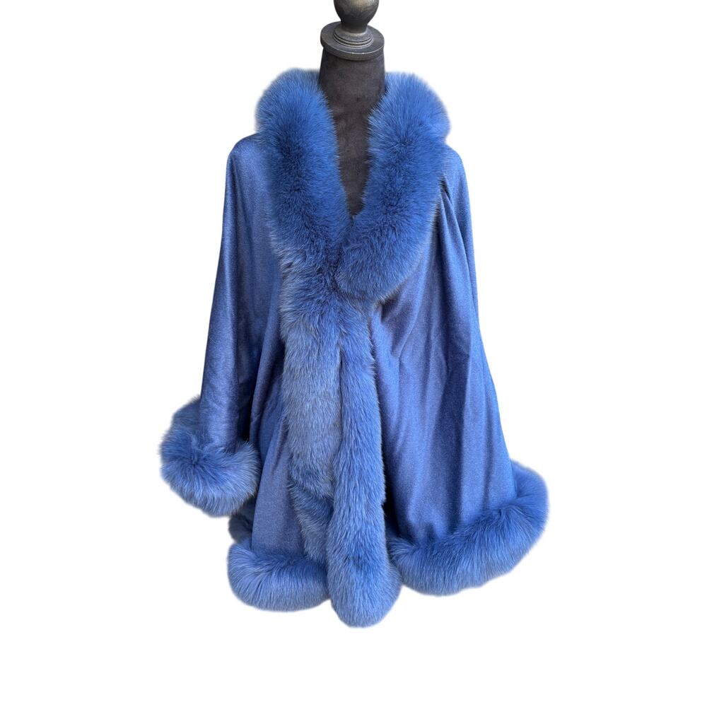 Vintage Gorski Blue Cape Real Dyed Fox Fur Trim Tuxedo Collar OS NWOTve
